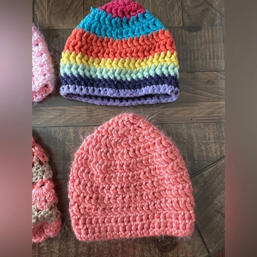 Baby Girls Lot 6 Crochet Knit Beanie Hat Pink Blue Rainbow Handmade Warm READ